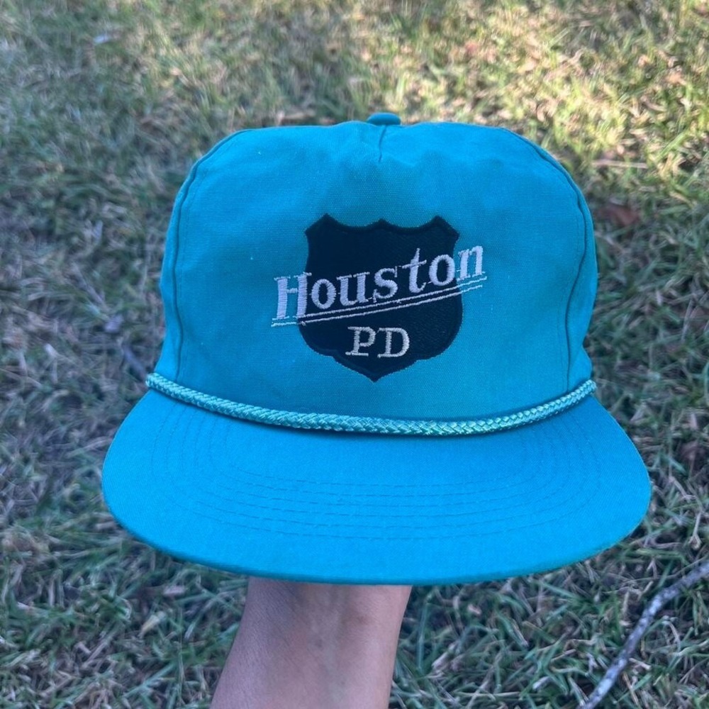 Vintage Houston PD Snapback Hat Teal Rope Cap 90s Police Style USA
